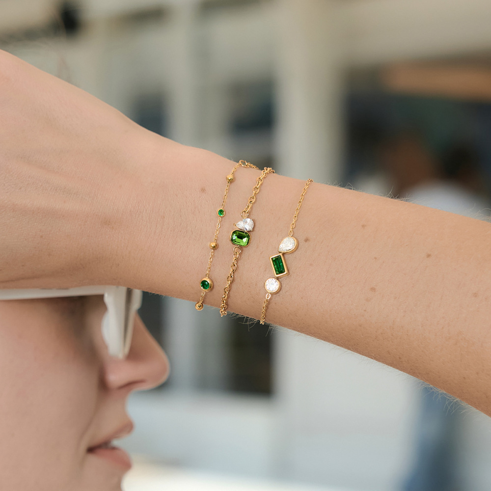 New 18K PVD Gold Plated Stainless Steel Emerald CZ Chain Bracelets
