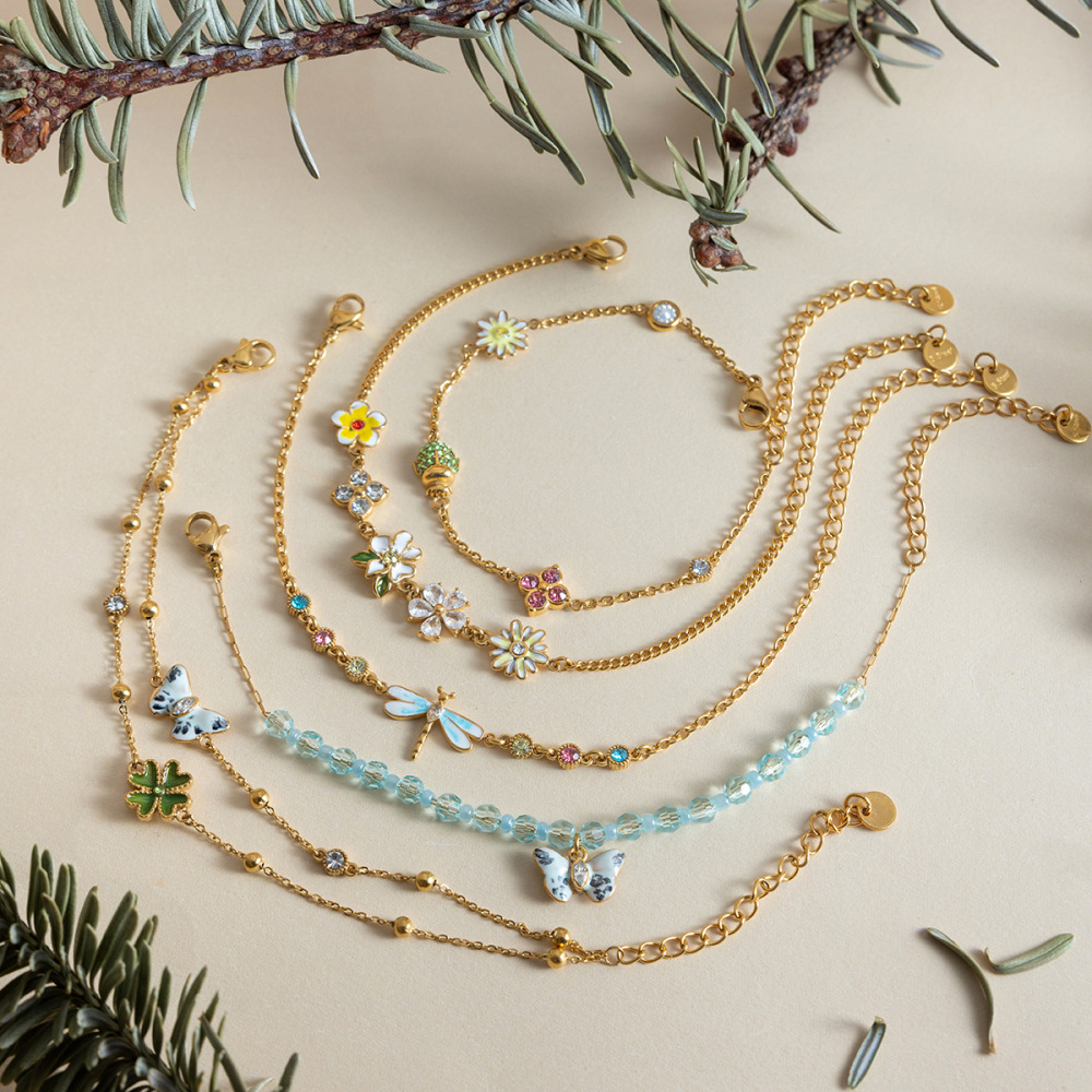 New Stainless Steel Sweet CZ Flowers Butterfly Chain Bracelets