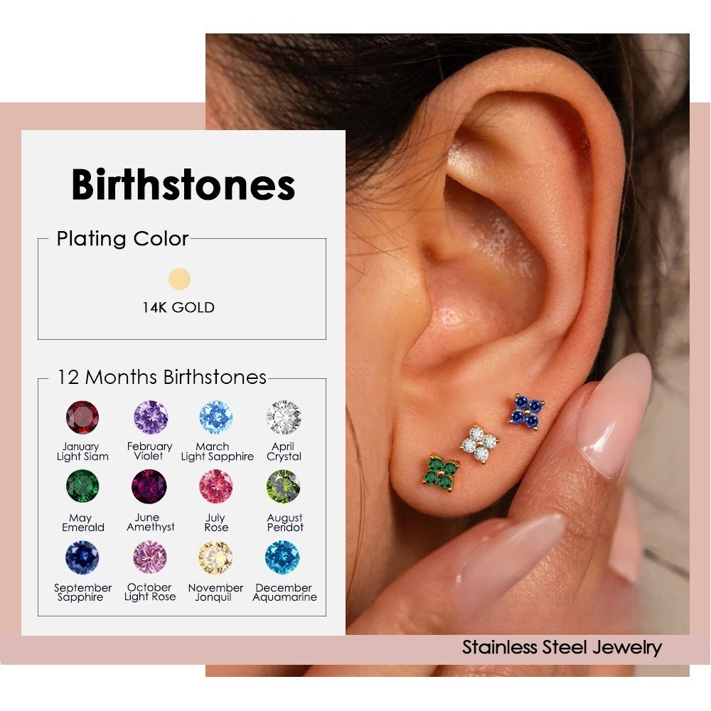 Hot Selling Tiny Four-leaf Clover Birthstone Stud Earrings