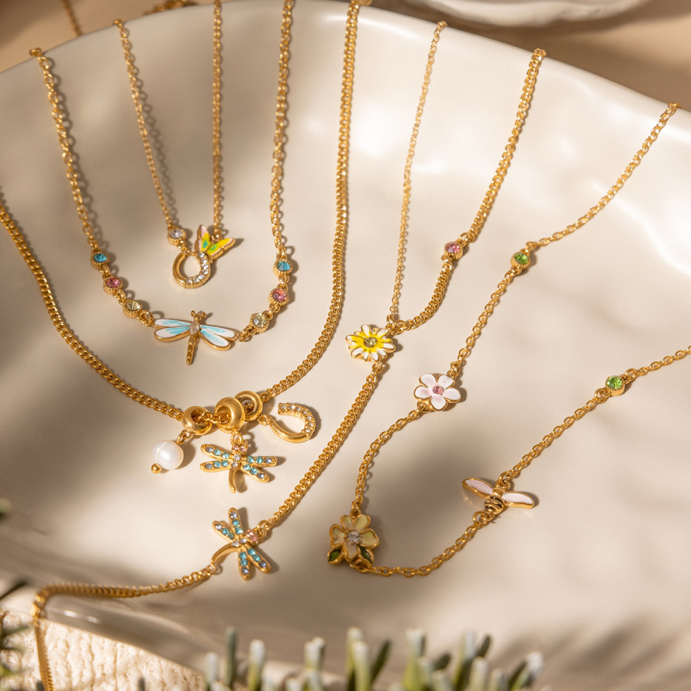 New Stainless Steel Sweet CZ Flower Butterfly Dragonfly Choker Necklace