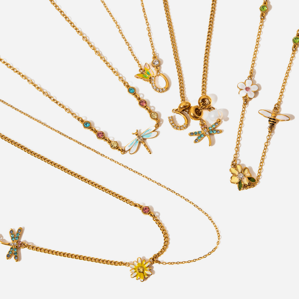 New Stainless Steel Sweet CZ Flower Butterfly Dragonfly Choker Necklace