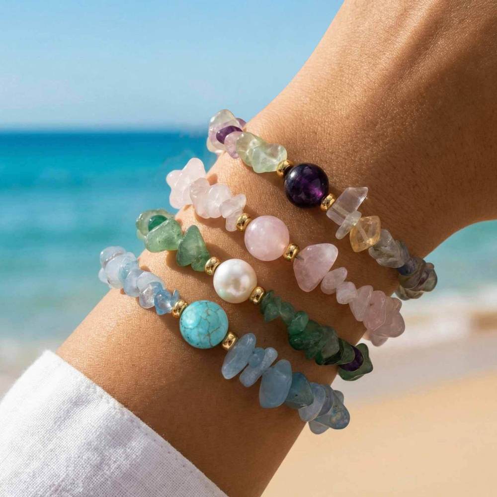 IVIAPRO Natural Crystal Amethyst Rose Quartz Colored Fluorite Beaded Bracelets