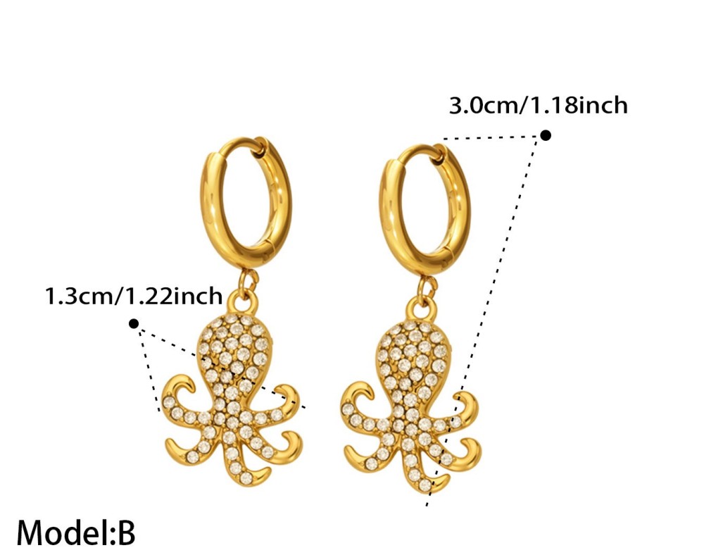 Hot Seller Stainless Steel Ocean Beach Vacation Series CZ Octopus Hoop Earrings