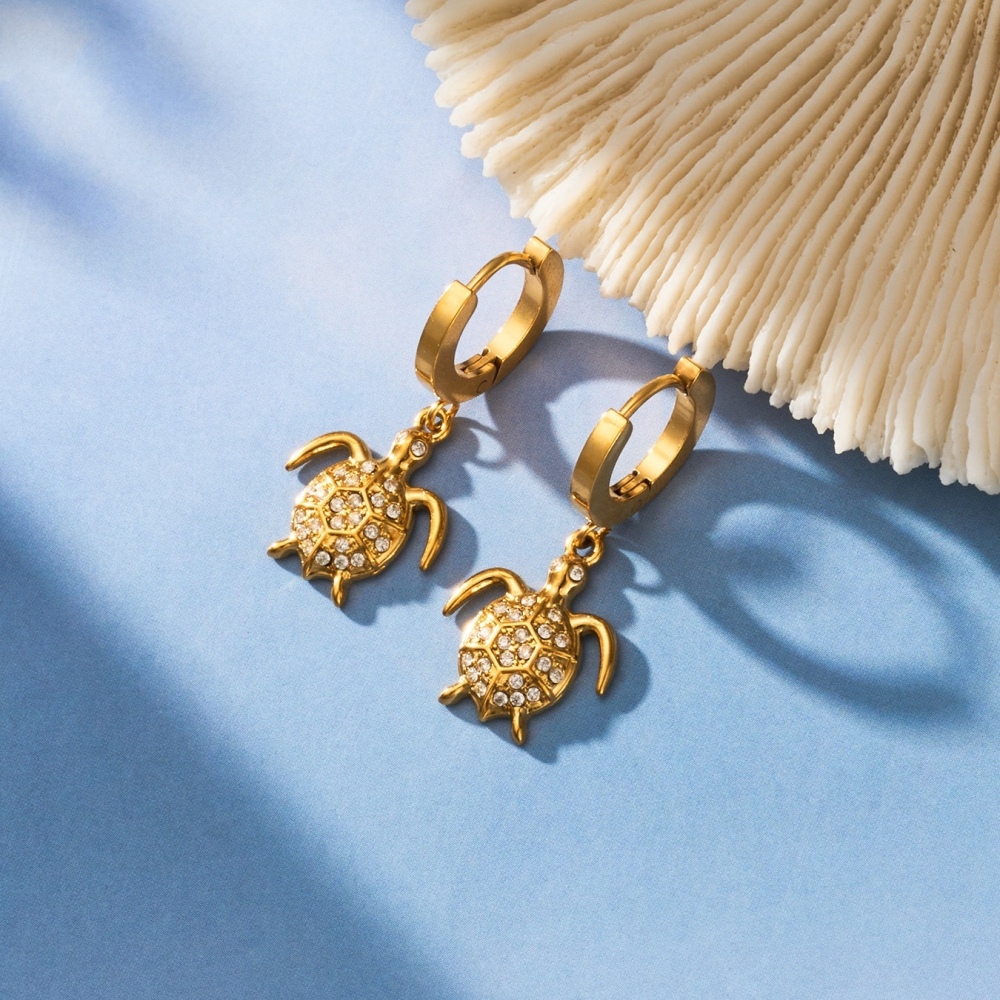 Hot Seller Stainless Steel Ocean Beach Vacation Series CZ Turtle Hoop Earrings
