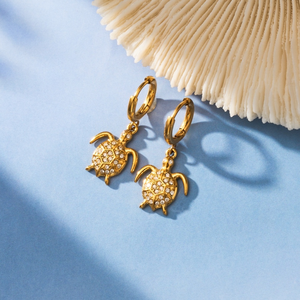 Hot Seller Stainless Steel Ocean Beach Vacation Series CZ Turtle Hoop Earrings