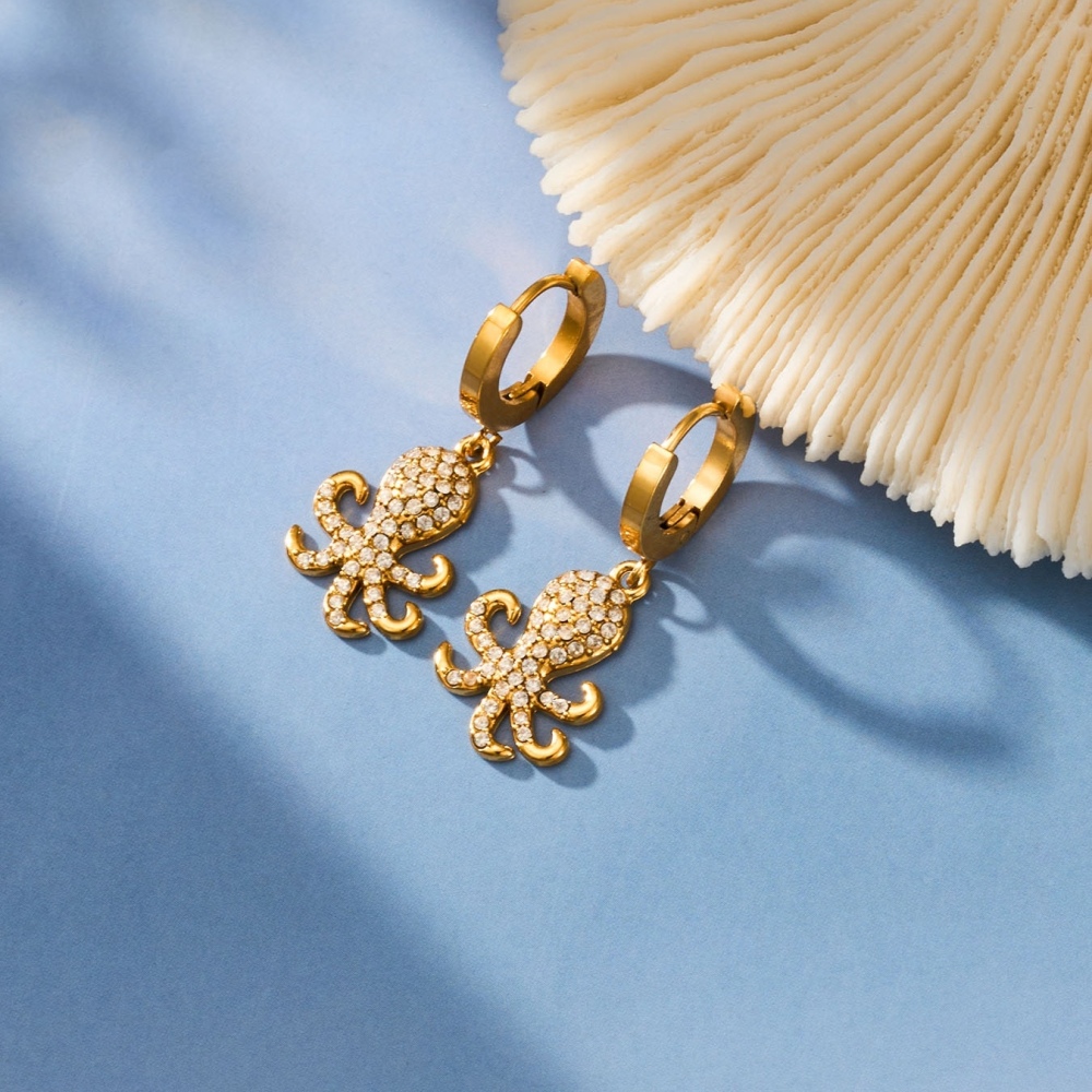 Hot Seller Stainless Steel Ocean Beach Vacation Series CZ Octopus Hoop Earrings