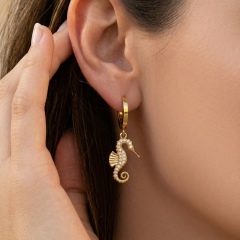 Hot Seller Stainless Steel Ocean Beach Vacation Series CZ Seahorse Hoop Earrings