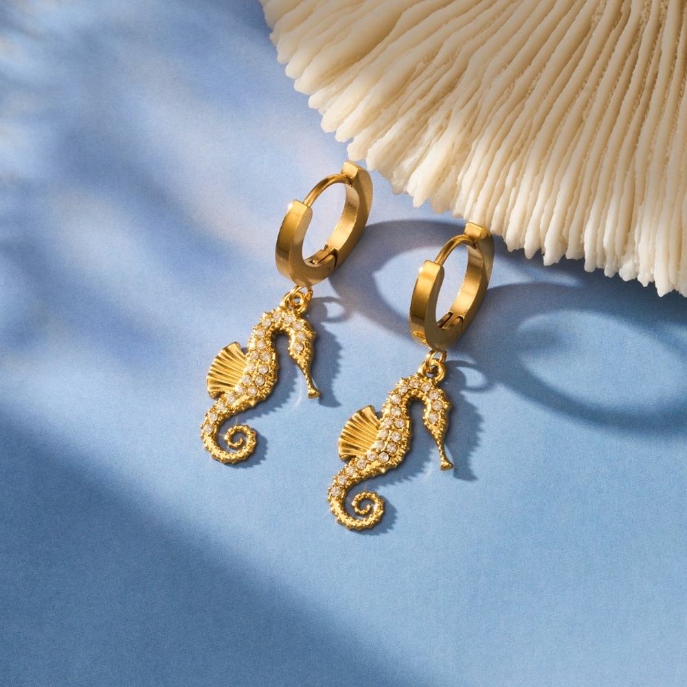 Hot Seller Stainless Steel Ocean Beach Vacation Series CZ Seahorse Hoop Earrings