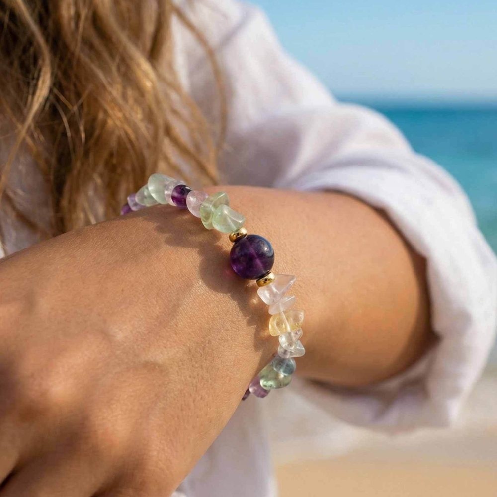 IVIAPRO Natural Crystal Amethyst Rose Quartz Colored Fluorite Beaded Bracelets