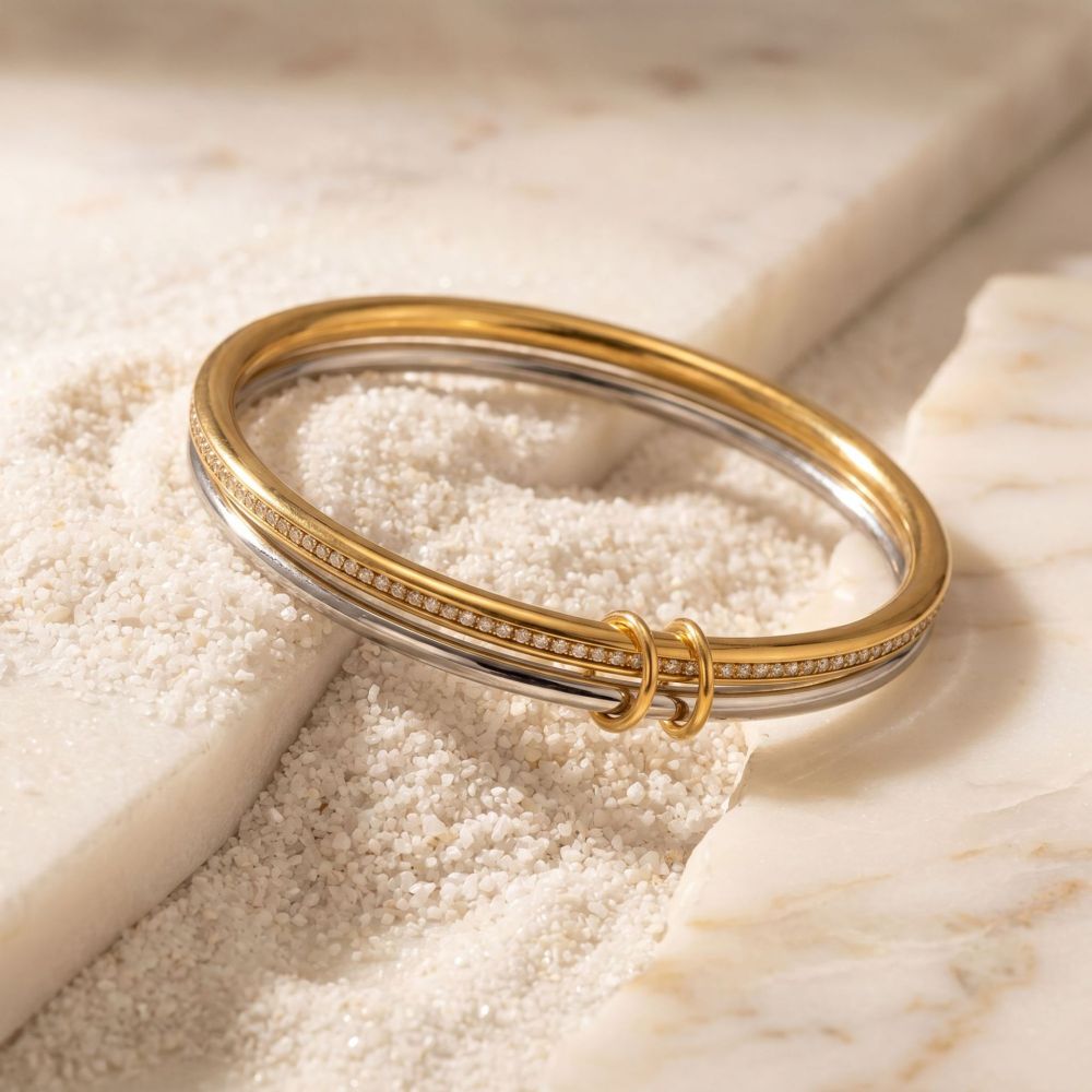 Hot Selling Stainless Steel Waterproof Bracelet Double Layers Two Tone CZ Bangles