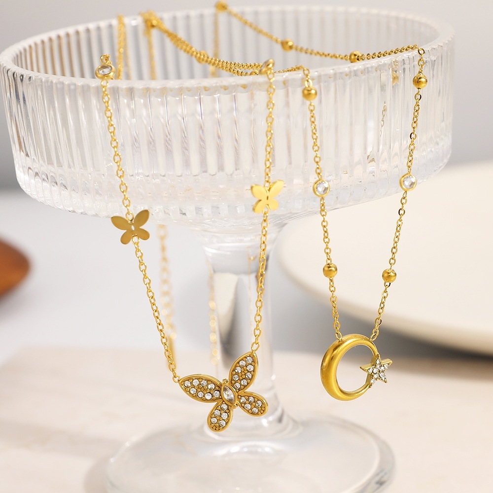 IVIAPRO Jewelry Waterproof CZ Butterfly Star & Moon Choker Necklace Set