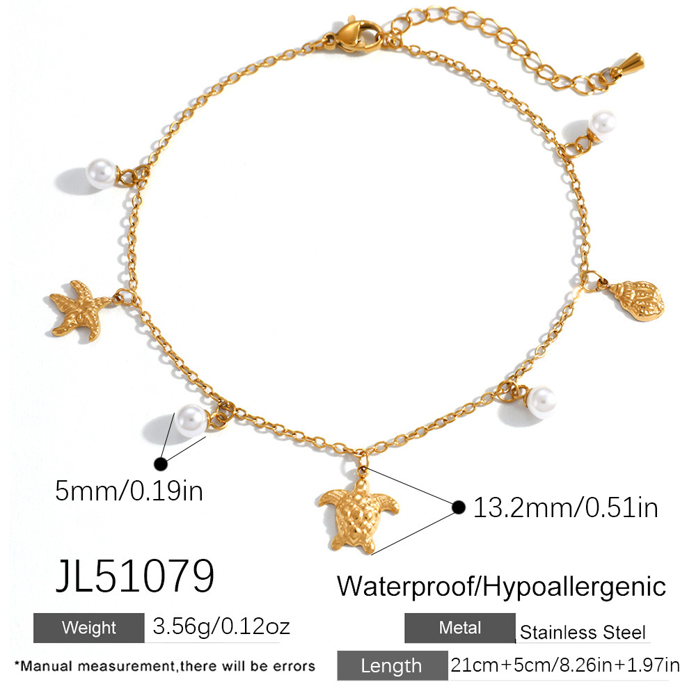 IVIAPRO Ocean Beach Series Turtle Starfish Conch Pearl Charms Anklet