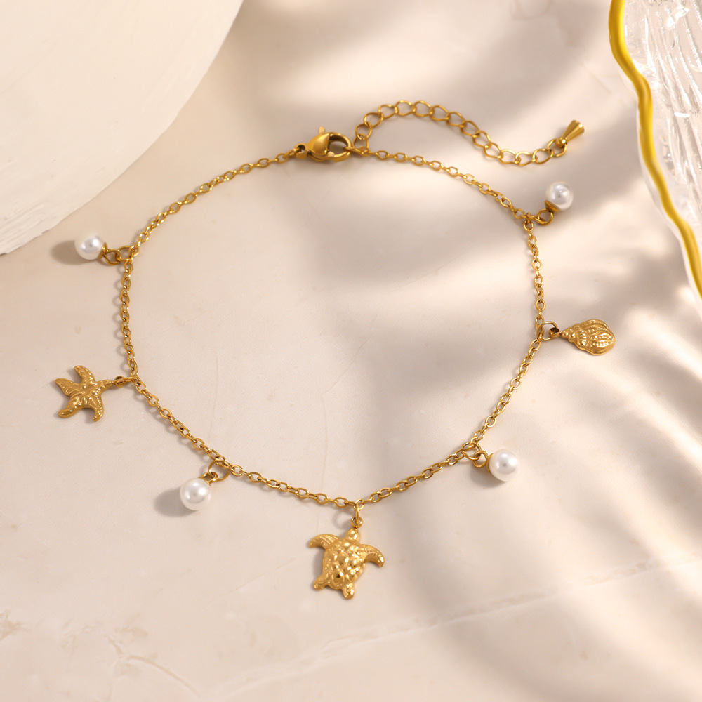 IVIAPRO Ocean Beach Series Turtle Starfish Conch Pearl Charms Anklet