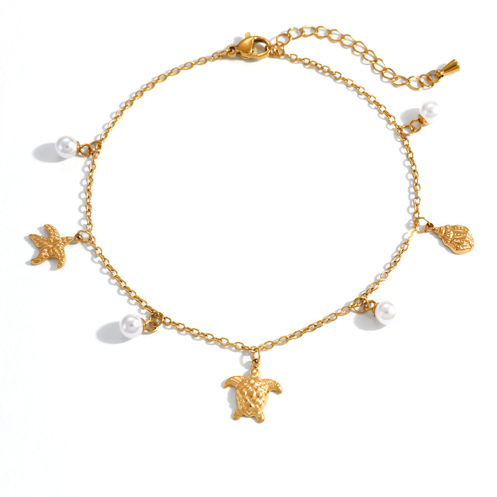 IVIAPRO Ocean Beach Series Turtle Starfish Conch Pearl Charms Anklet
