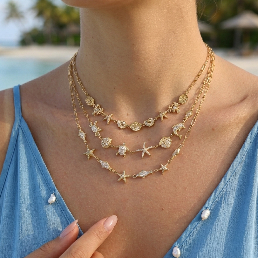 Hot Selling Ocean Series CZ Star Shell Dolphin Starfish Charms Choker Necklace
