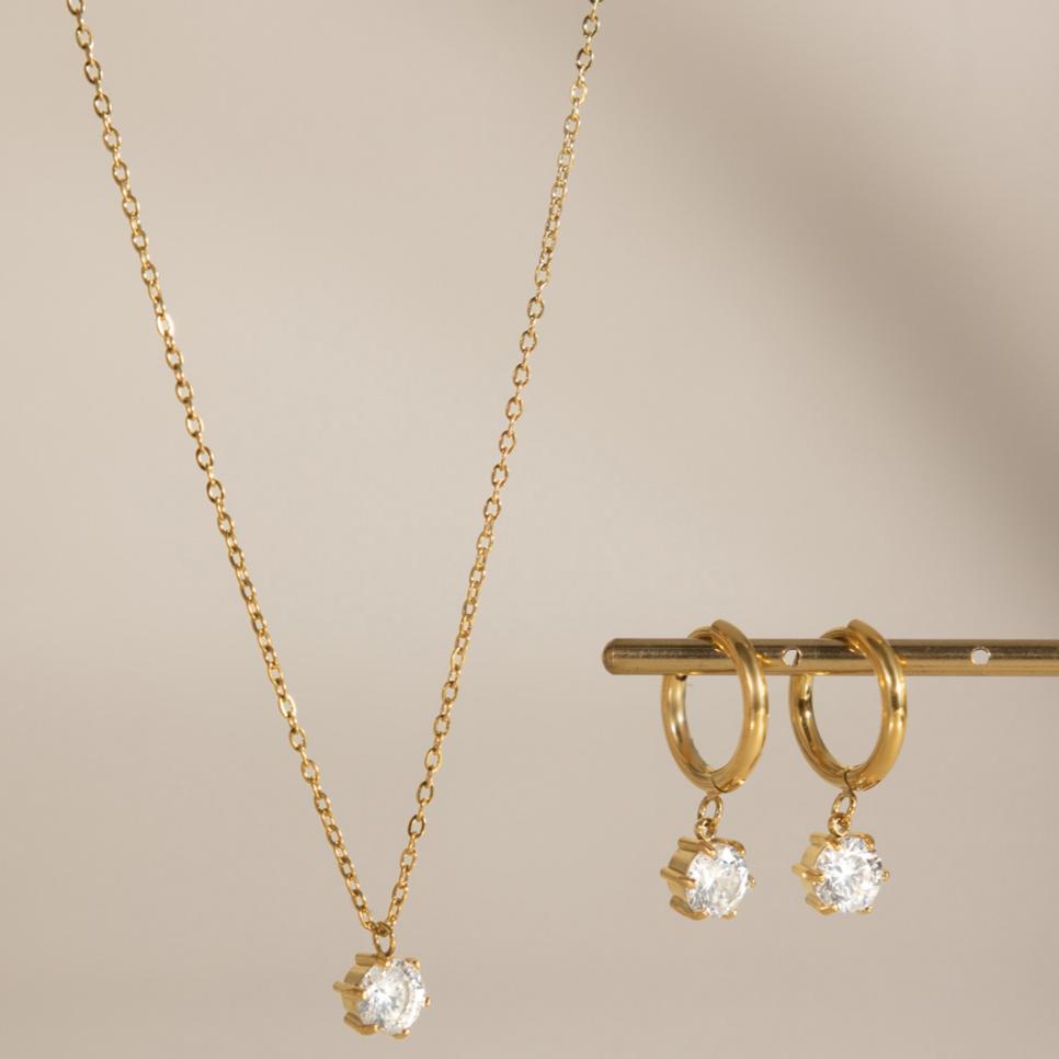 Stainless Steel Jewelry Set Tarnish Free CZ Necklace Hoop Earrings Set