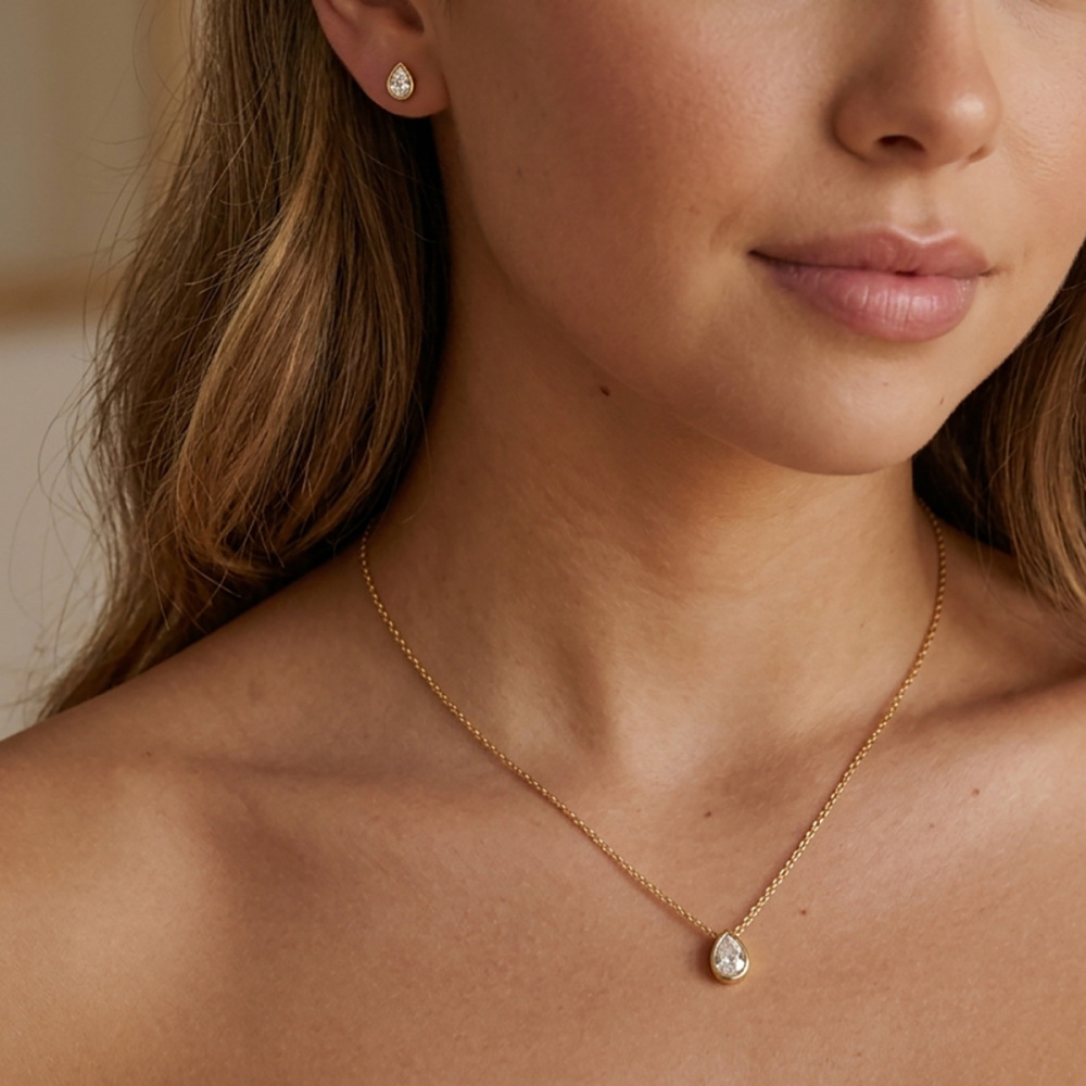 New Minimalist Jewelry Set Stainless Steel Anti -allergy Water Drop CZ Necklace Stud Earrings Set