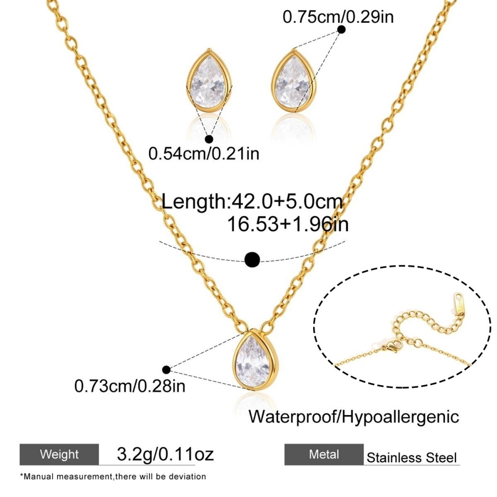 New Minimalist Jewelry Set Stainless Steel Anti -allergy Water Drop CZ Necklace Stud Earrings Set