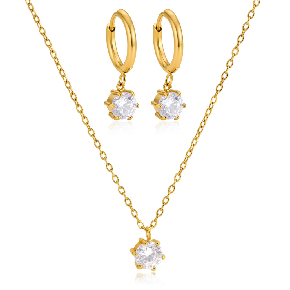 Stainless Steel Jewelry Set Tarnish Free CZ Necklace Hoop Earrings Set