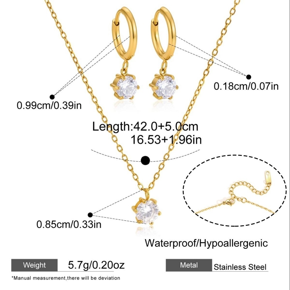 Stainless Steel Jewelry Set Tarnish Free CZ Necklace Hoop Earrings Set