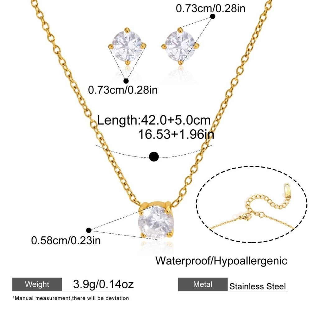 Stainless Steel Jewelry Set Waterproof CZ Necklace Stud Earrings Set
