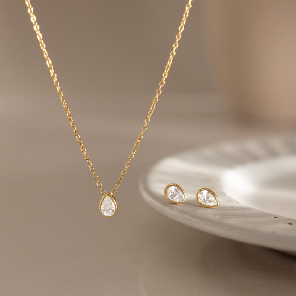 New Minimalist Jewelry Set Stainless Steel Anti -allergy Water Drop CZ Necklace Stud Earrings Set
