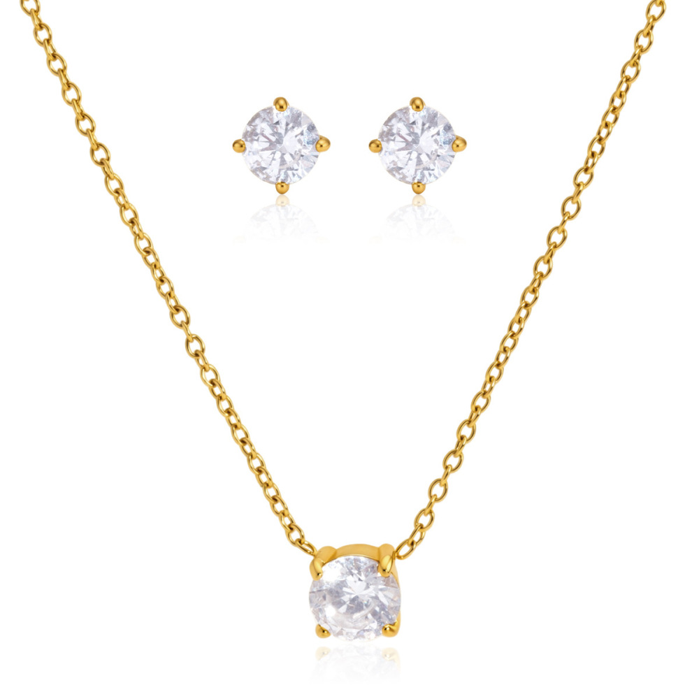 Stainless Steel Jewelry Set Waterproof CZ Necklace Stud Earrings Set