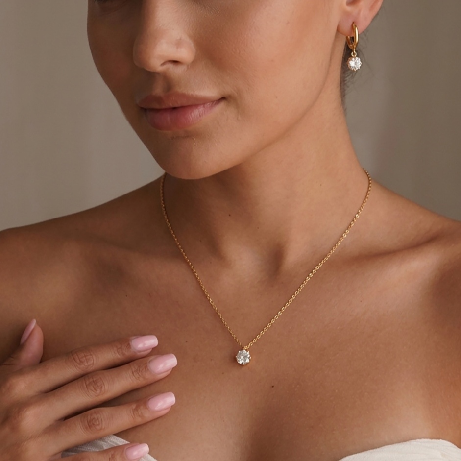 Stainless Steel Jewelry Set Tarnish Free CZ Necklace Hoop Earrings Set