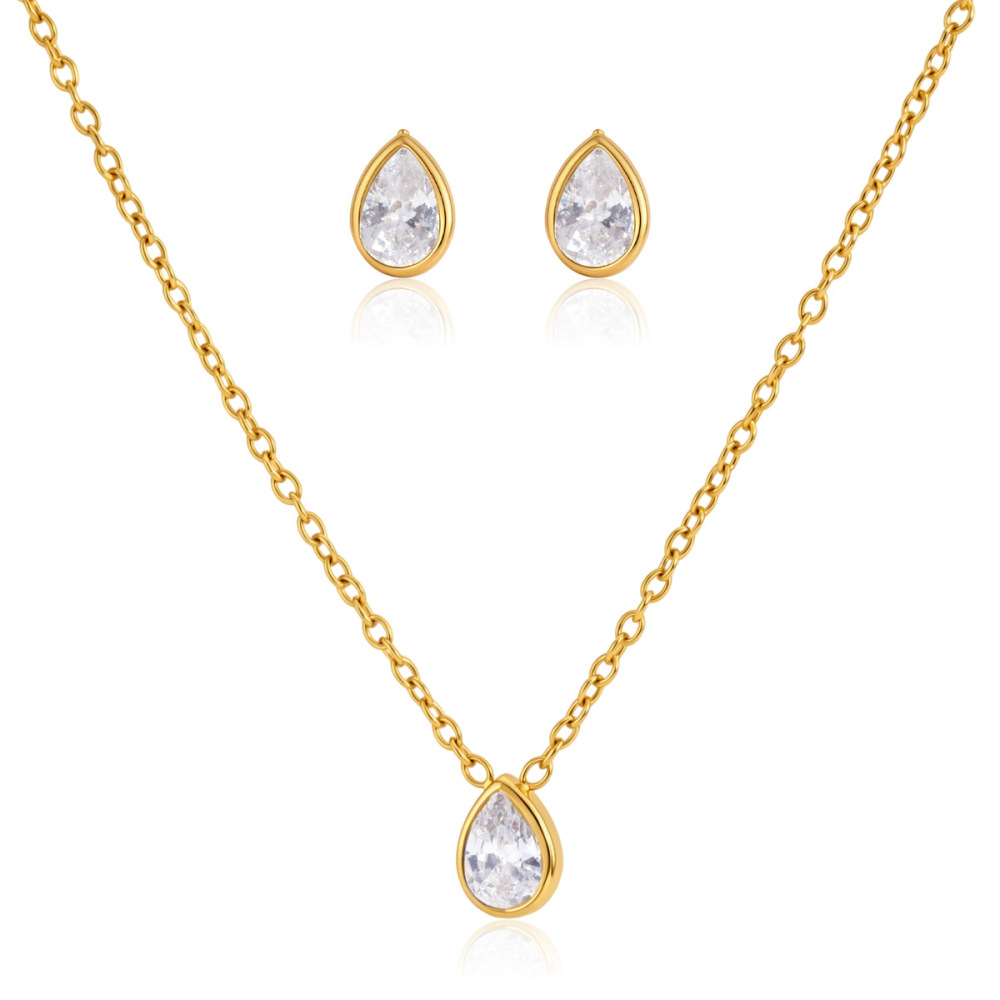 New Minimalist Jewelry Set Stainless Steel Anti -allergy Water Drop CZ Necklace Stud Earrings Set
