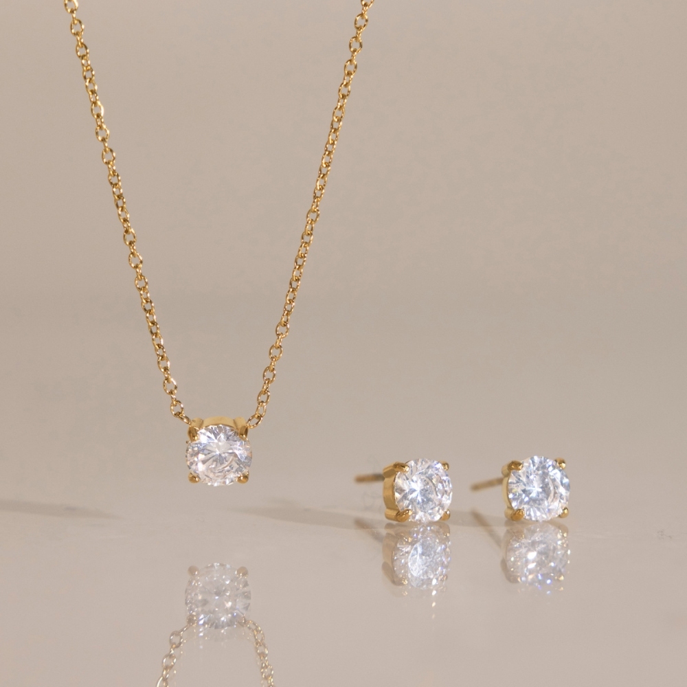 Stainless Steel Jewelry Set Waterproof CZ Necklace Stud Earrings Set