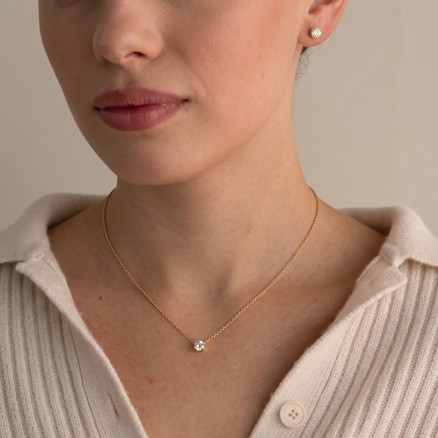 Stainless Steel Jewelry Set Waterproof CZ Necklace Stud Earrings Set
