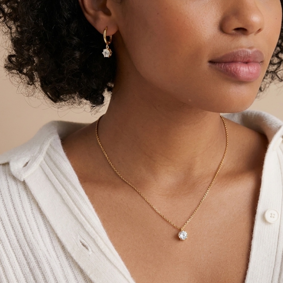 Stainless Steel Jewelry Set Tarnish Free CZ Necklace Hoop Earrings Set