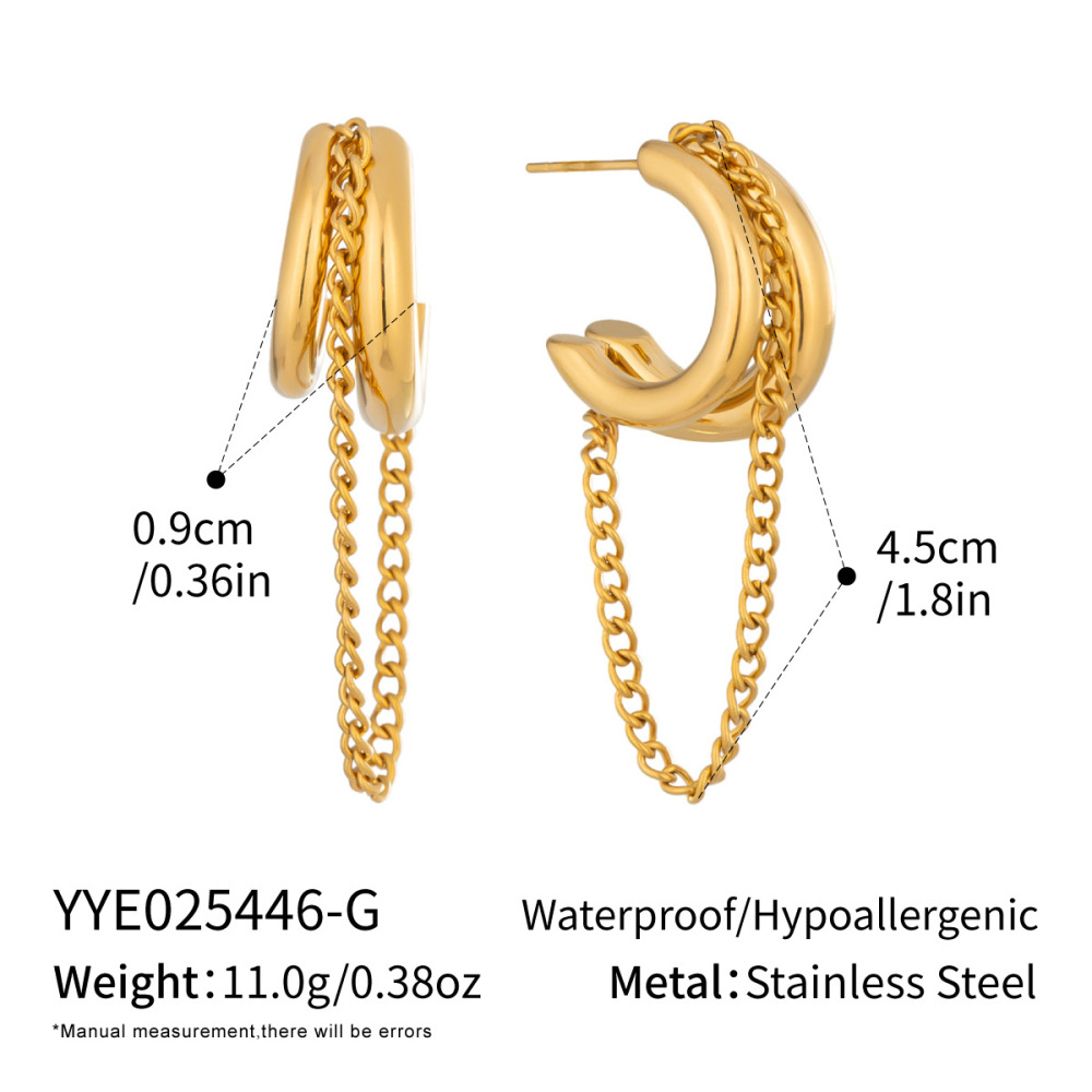 New Waterproof Jewelry Two Tone C-shaped Link Chain Tassel Earrings