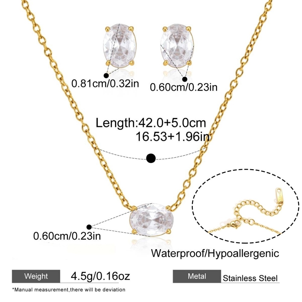 Stainless Steel Jewelry Set  Waterproof Oval CZ Necklace Stud Earrings Set