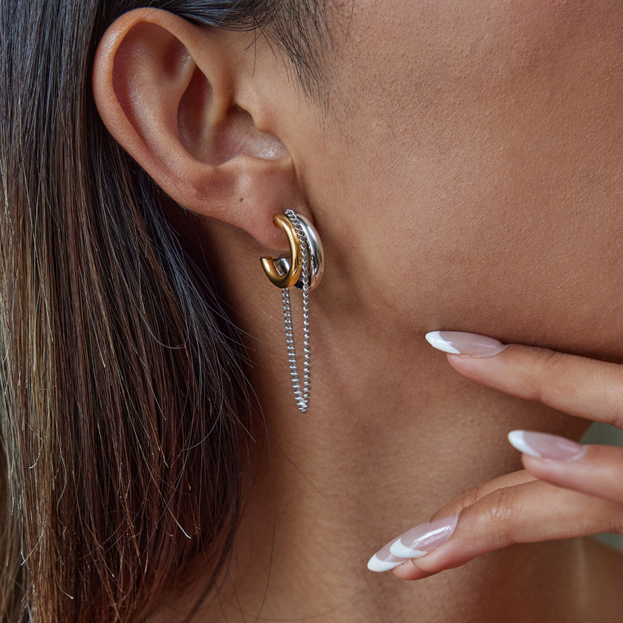 New Waterproof Jewelry Two Tone C-shaped Link Chain Tassel Earrings