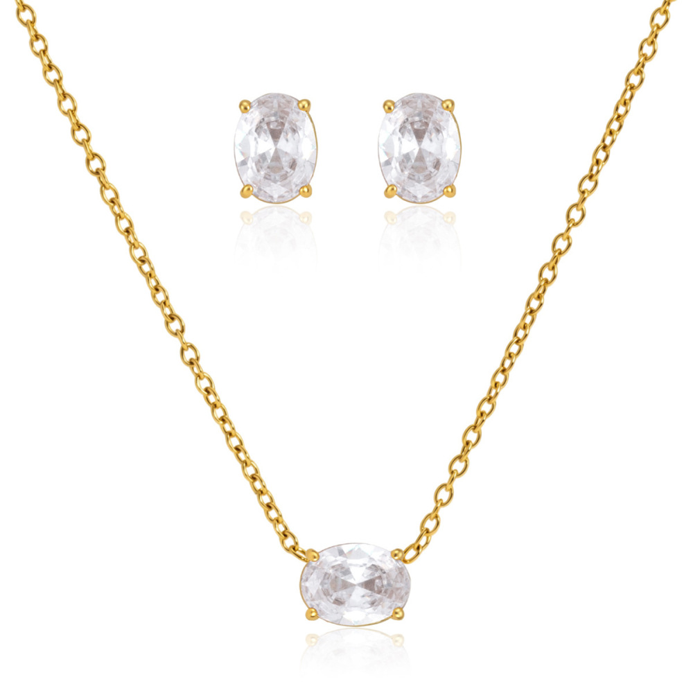 Stainless Steel Jewelry Set  Waterproof Oval CZ Necklace Stud Earrings Set