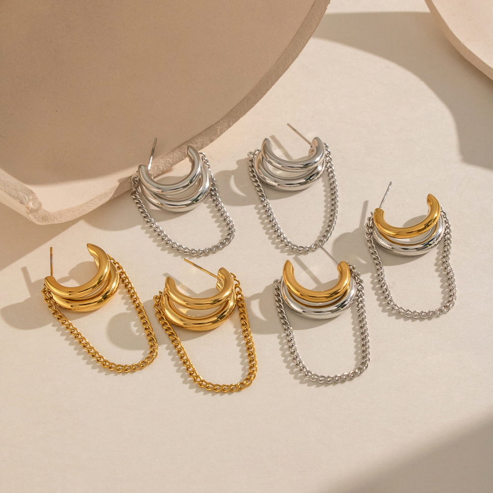 New Waterproof Jewelry Two Tone C-shaped Link Chain Tassel Earrings