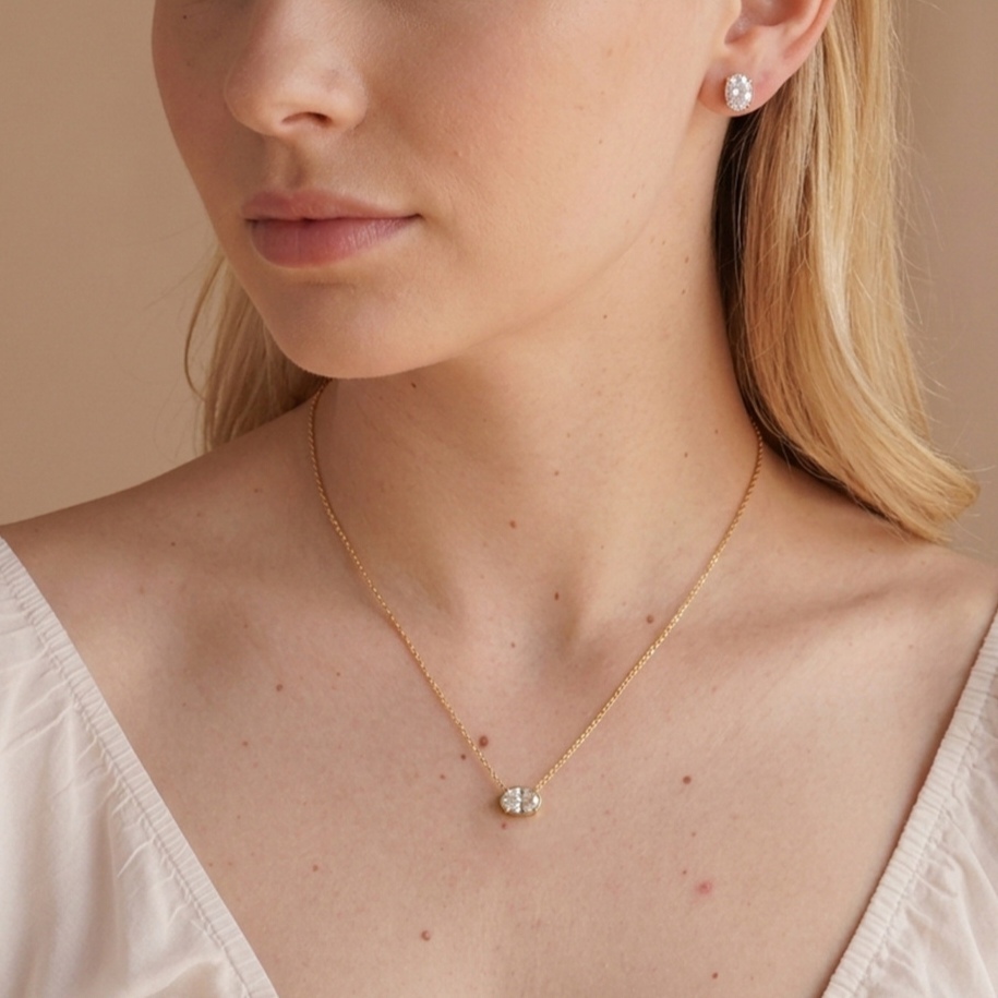 Stainless Steel Jewelry Set  Waterproof Oval CZ Necklace Stud Earrings Set