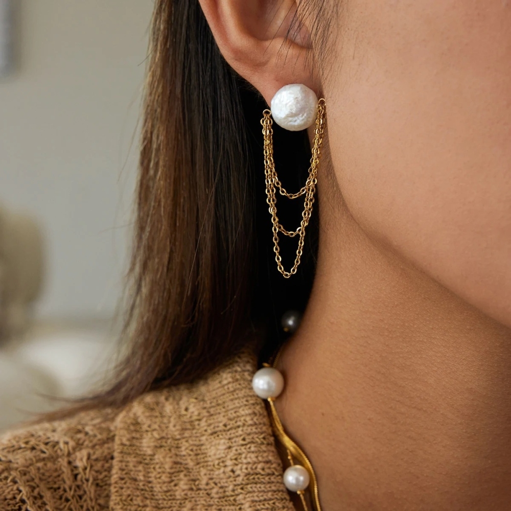 New Stainless Steel Jewelry Natural Freshwater Pearl Link Chain Tassel Earrings