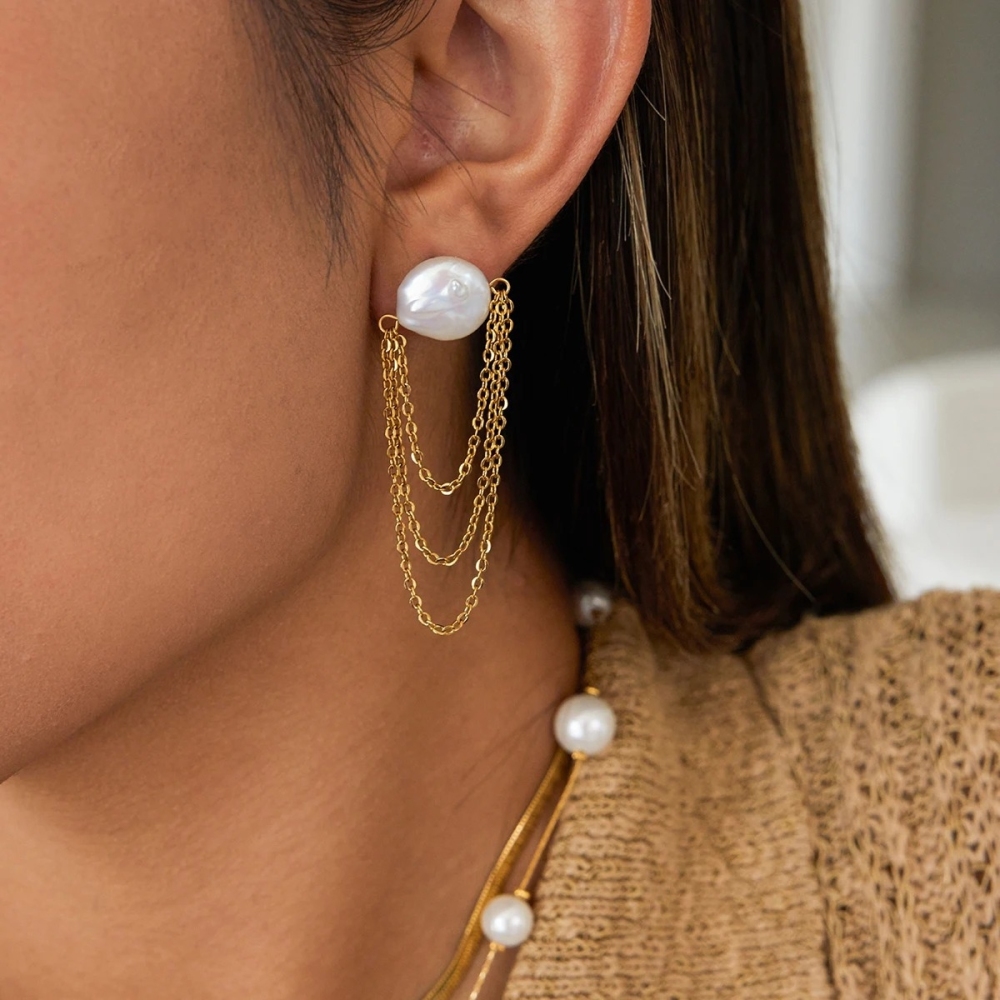 New Stainless Steel Jewelry Natural Freshwater Pearl Link Chain Tassel Earrings