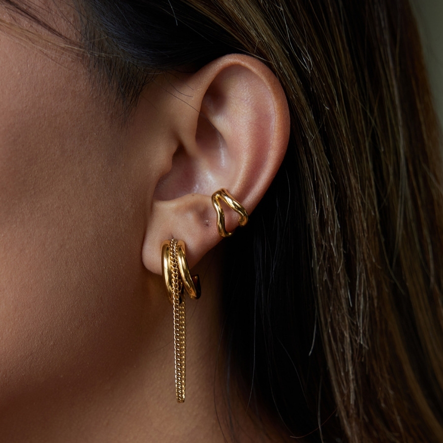 New Waterproof Jewelry Two Tone C-shaped Link Chain Tassel Earrings