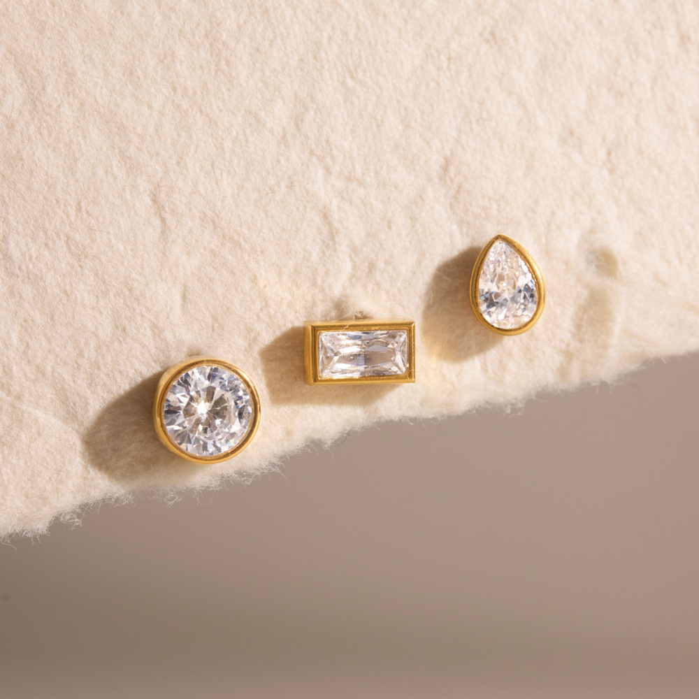 Minimalist Style Stainless Steel CZ Stud Earrings Set
