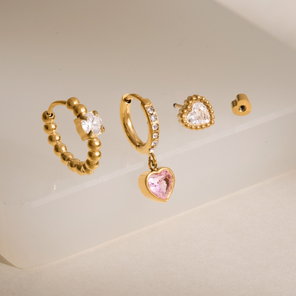 Minimalist Style Stainless Steel Pink Heart CZ Hoops Stud Earrings Set