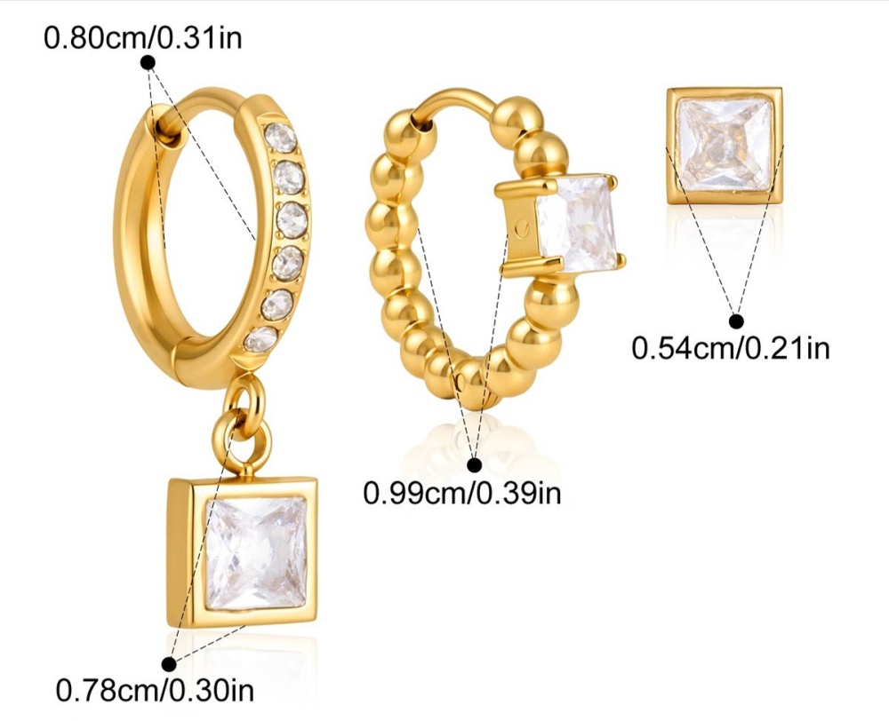 Minimalist Style Stainless Steel Square CZ Hoops Stud Earrings Set