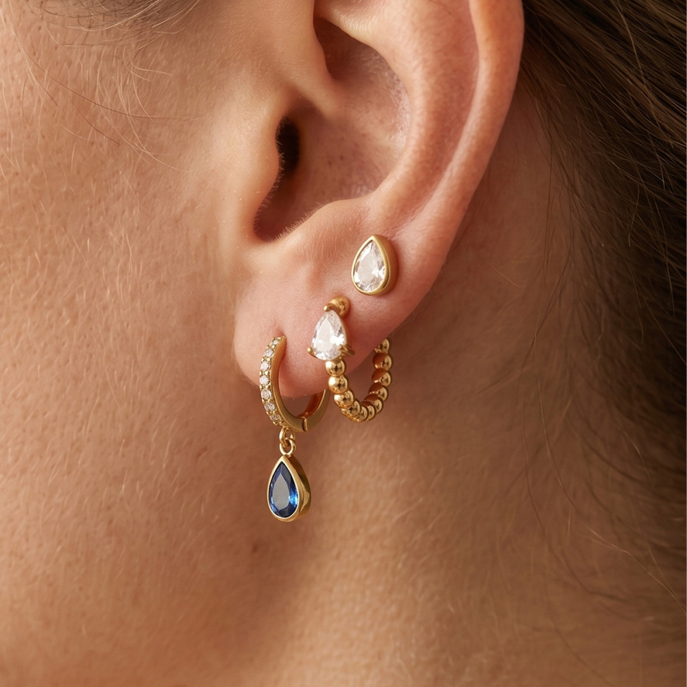Minimalist Style Stainless Steel Blue Water Drop CZ Hoops Stud Earrings Set