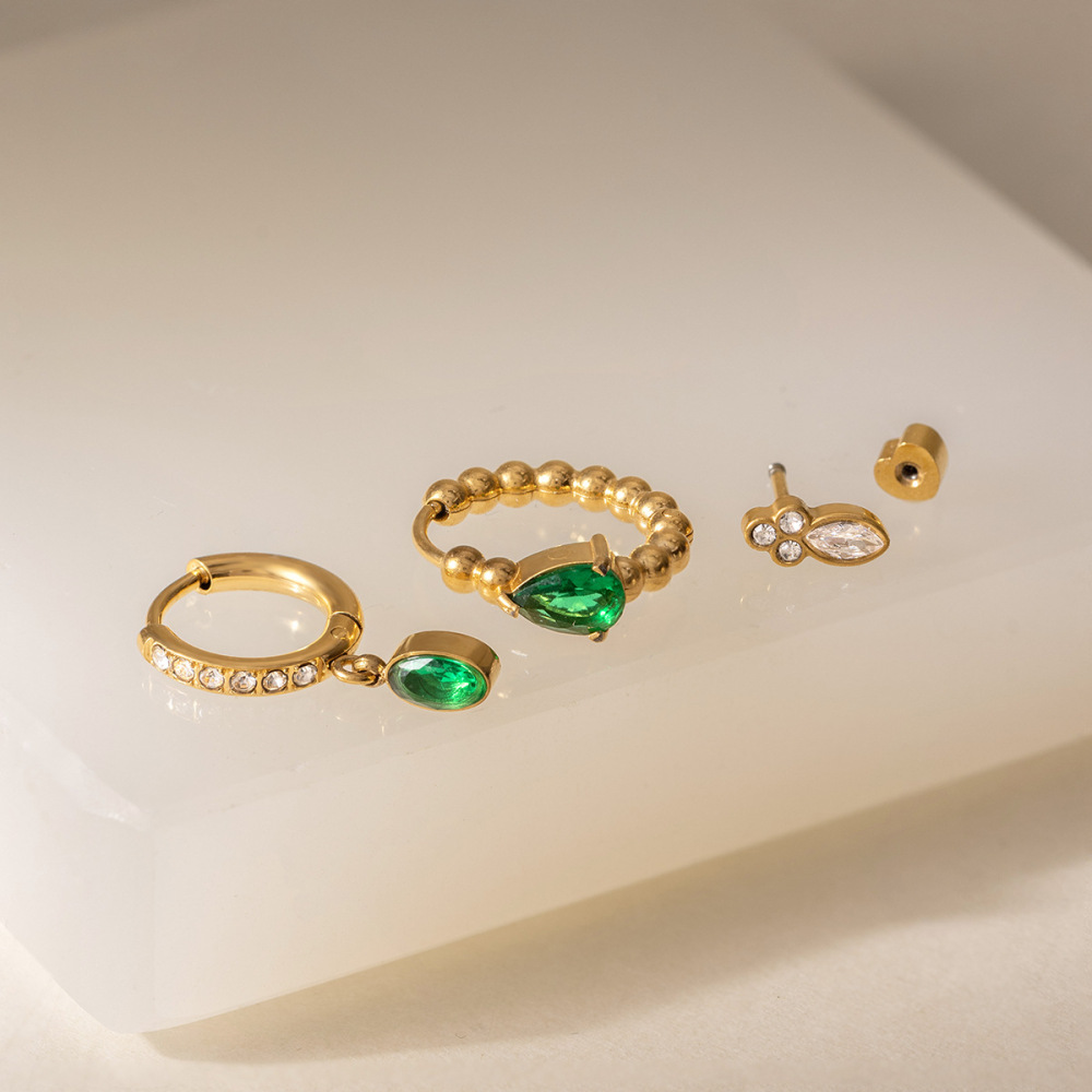 Minimalist Style Stainless Steel Emerald CZ Hoops Stud Earrings Set