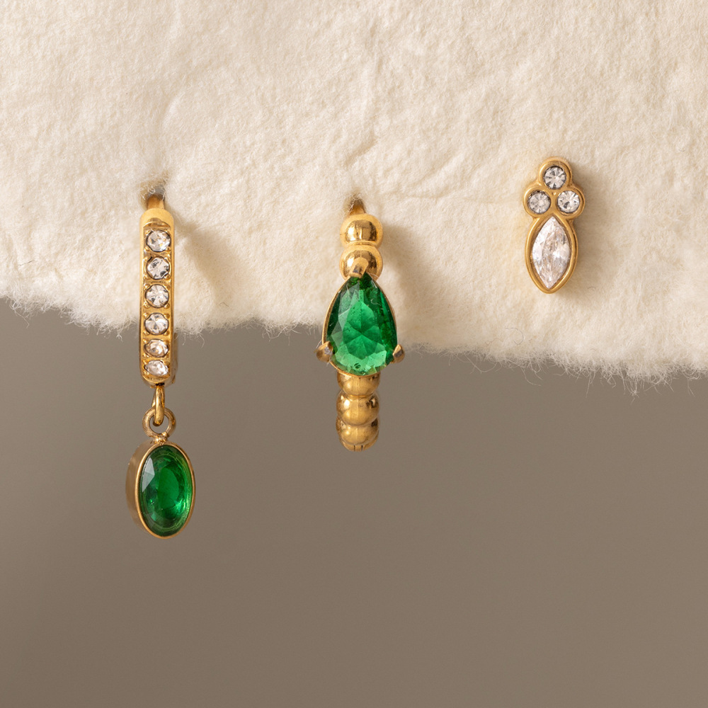 Minimalist Style Stainless Steel Emerald CZ Hoops Stud Earrings Set