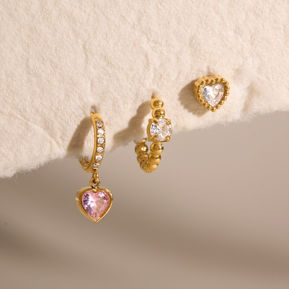 Minimalist Style Stainless Steel Pink Heart CZ Hoops Stud Earrings Set