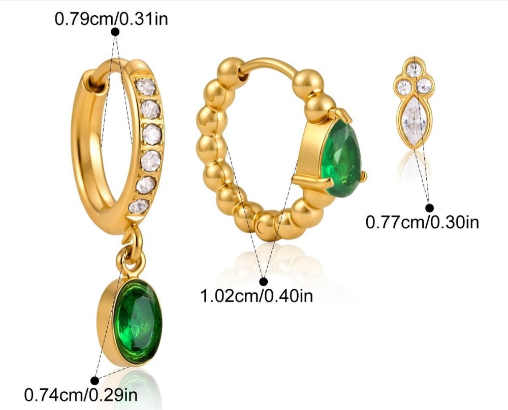 Minimalist Style Stainless Steel Emerald CZ Hoops Stud Earrings Set