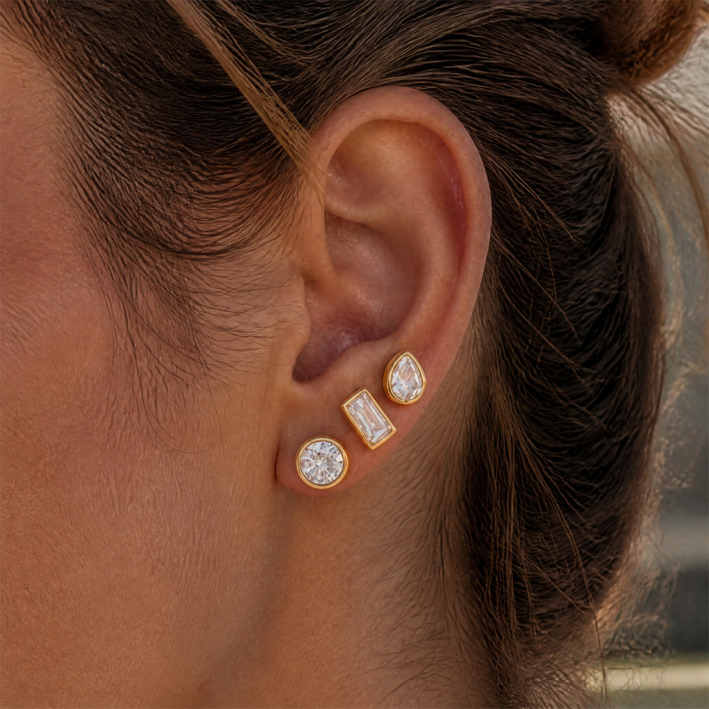 Minimalist Style Stainless Steel CZ Stud Earrings Set